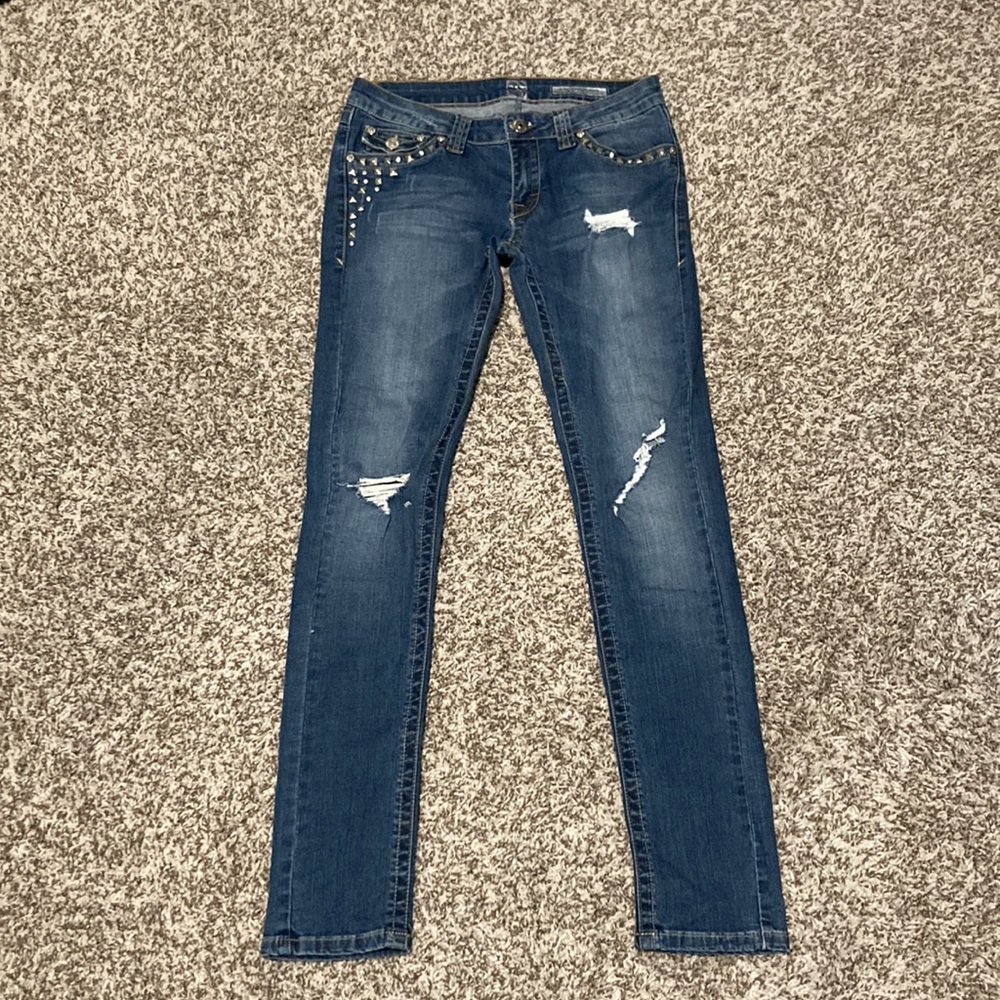 Distressed Skinny Jeans with Stud and Rhinestone Detailing